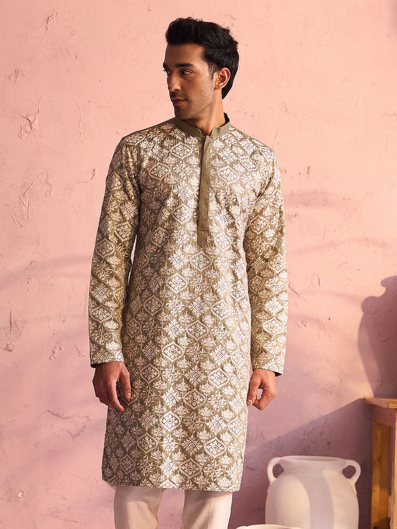 Men's Light Green Thread Worked Silk Kurta