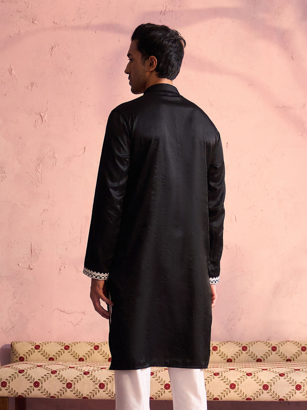 Men's Black Silk Machine Embroidered Kurta