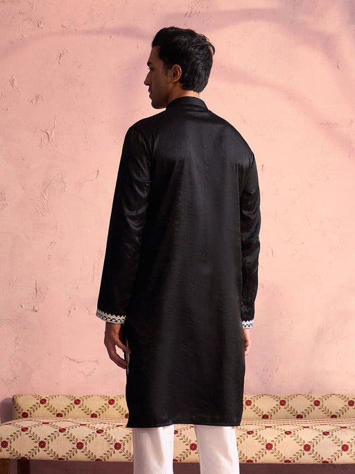 Men's Black Silk Machine Embroidered Kurta