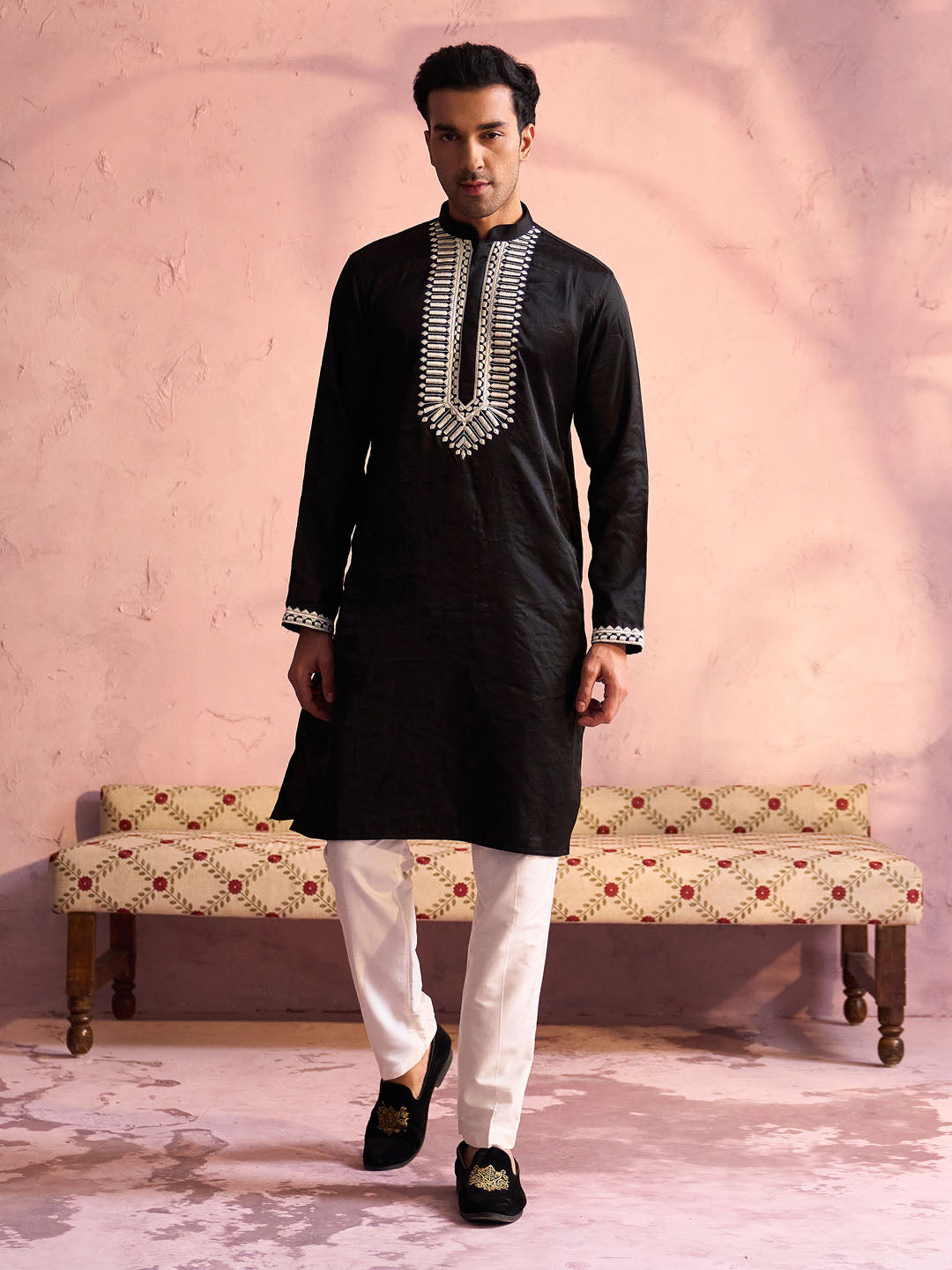 Men's Black Silk Machine Embroidered Kurta
