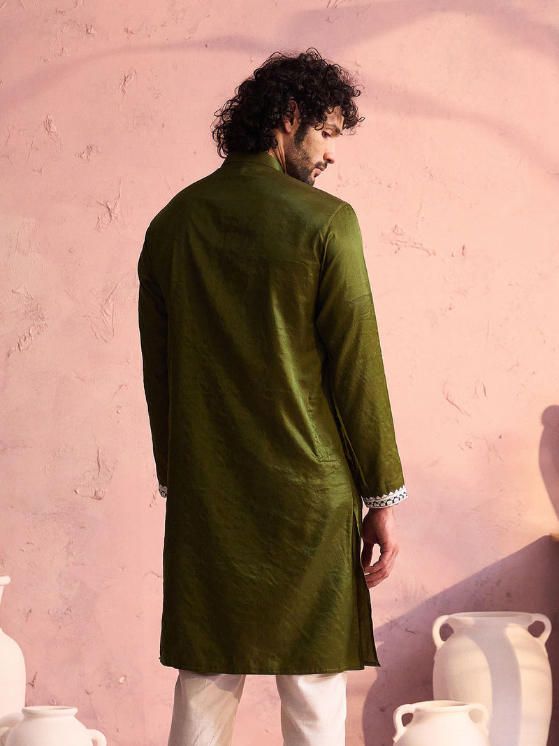 Men's Mint Green Silk Machine Embroidered Kurta