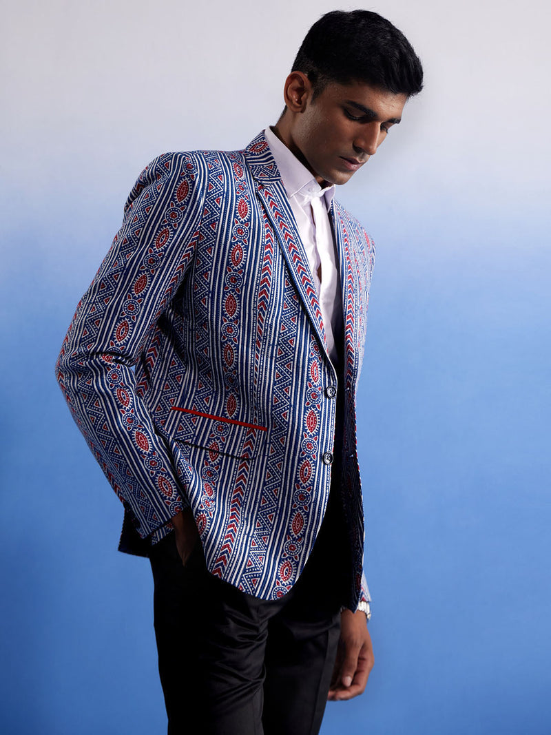Men's Aqua And Red Ethnic Printed Cotton Blazer