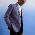 Men's Aqua And Red Ethnic Printed Cotton Blazer