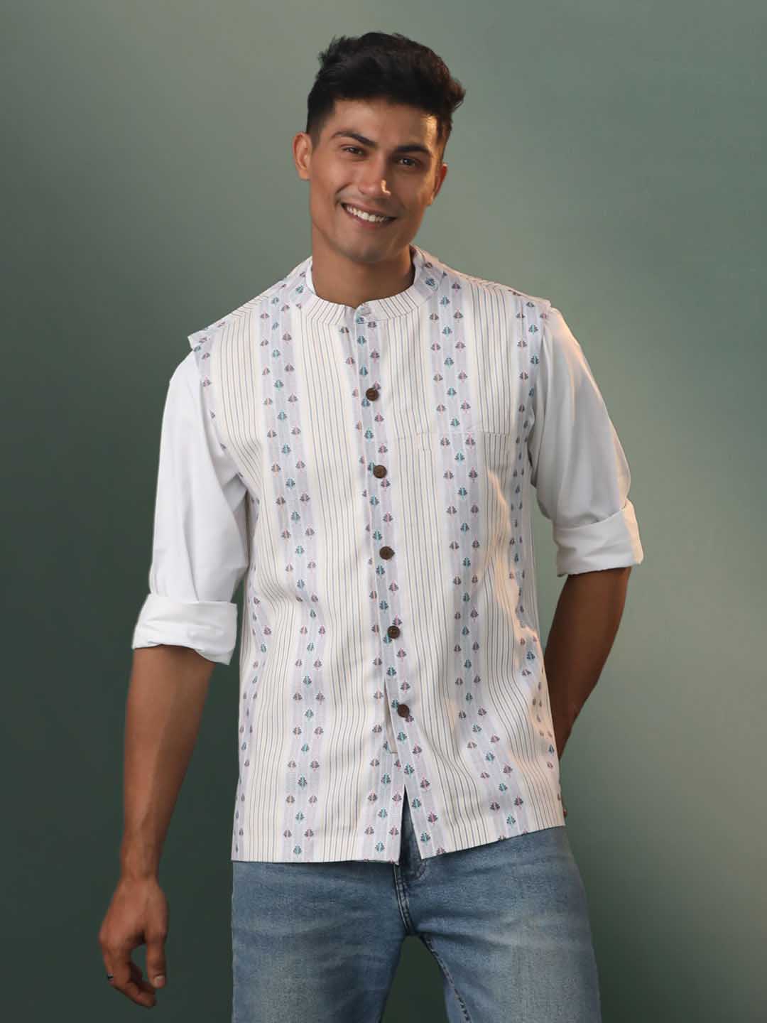 Men's Off White & Blue Geometric Striped Nehru Jacket