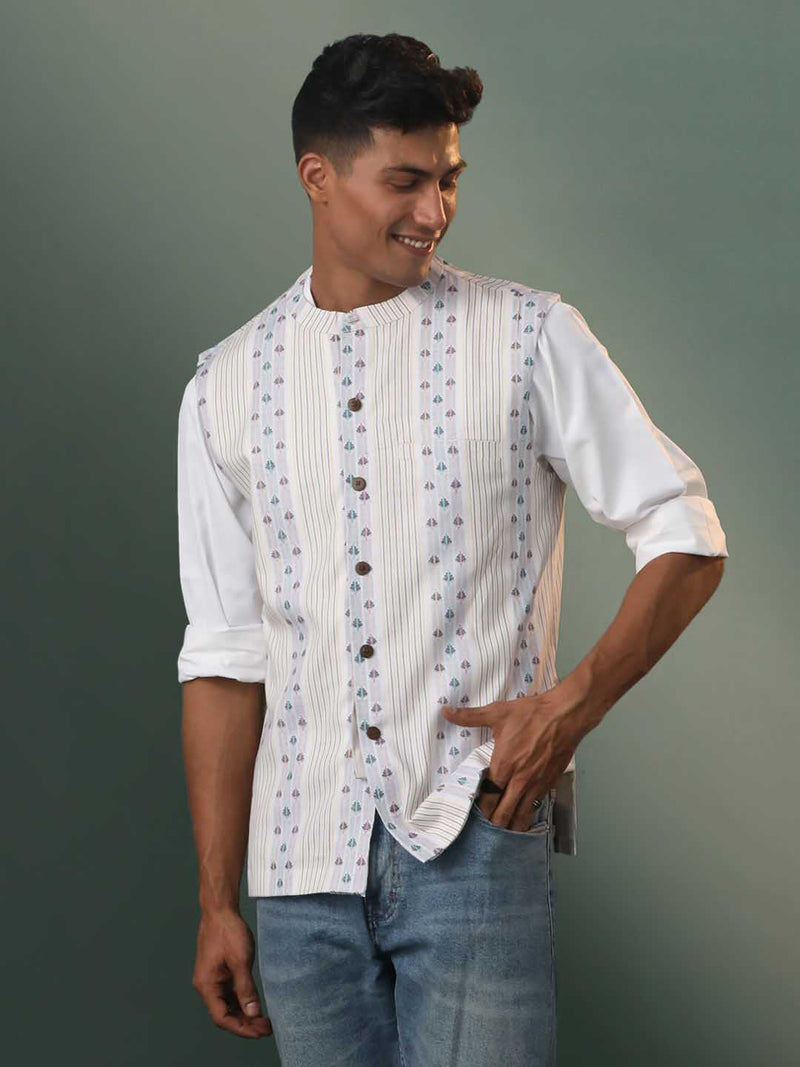 Men's Off White & Blue Geometric Striped Nehru Jacket
