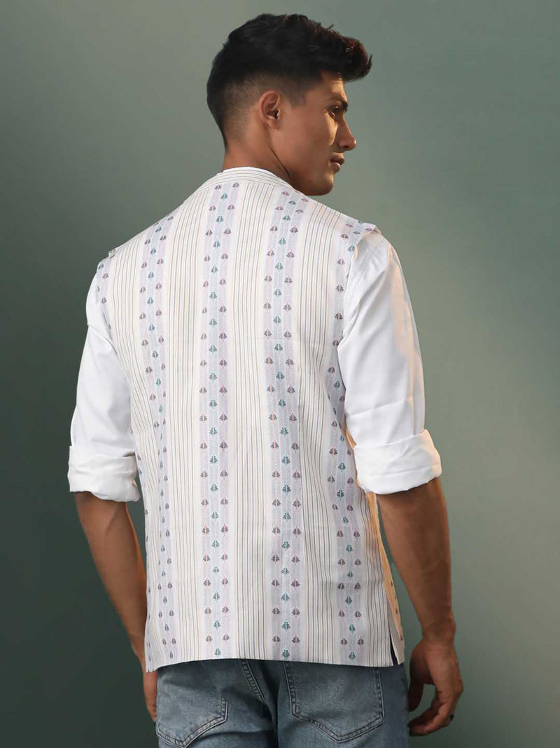 Men's Off White & Blue Geometric Striped Nehru Jacket