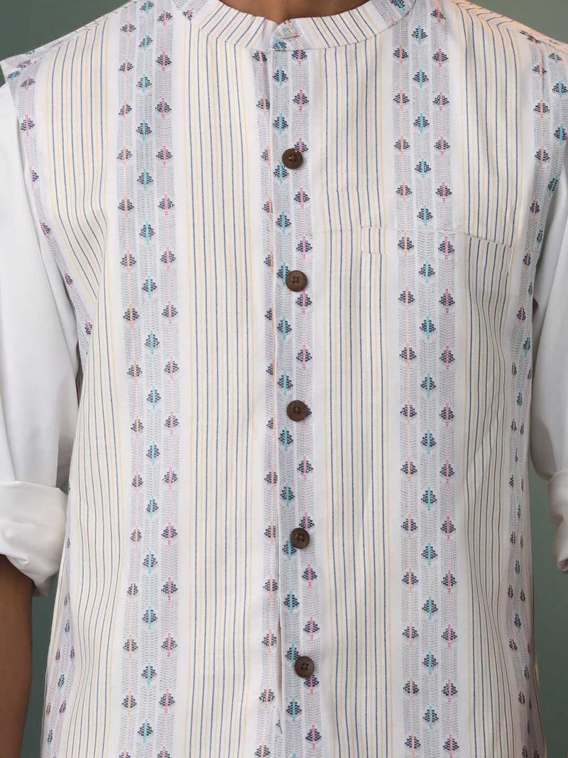 Men's Off White & Blue Geometric Striped Nehru Jacket