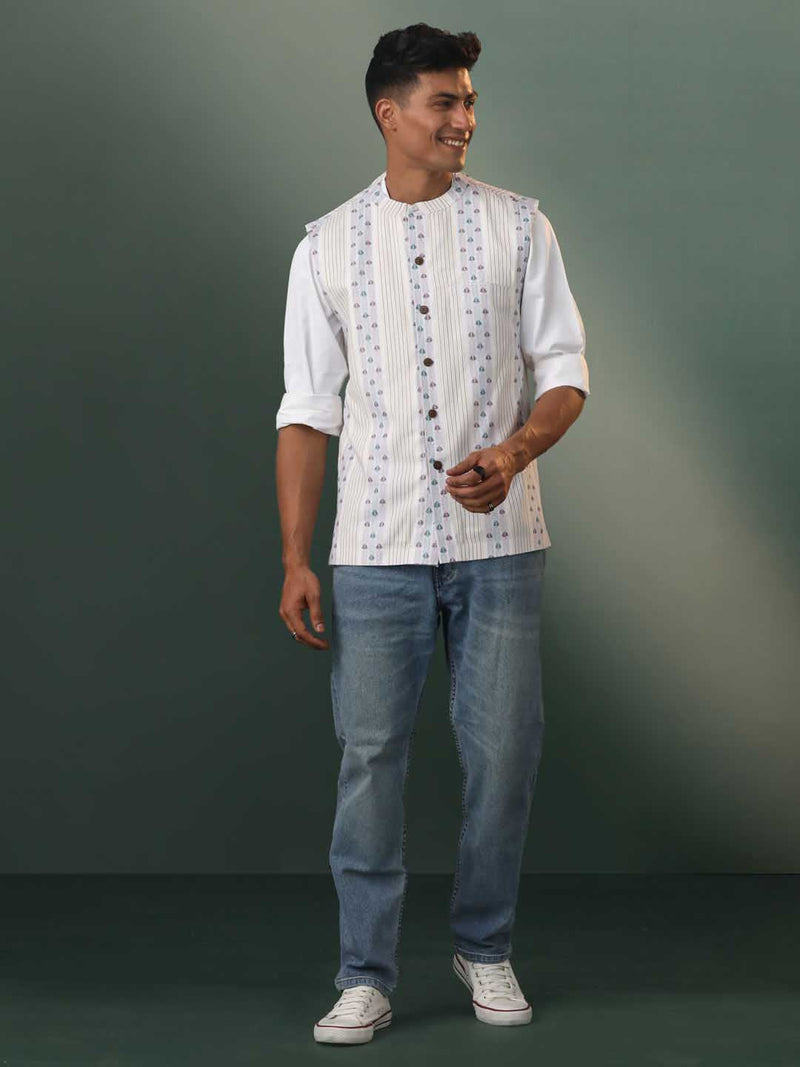 Men's Off White & Blue Geometric Striped Nehru Jacket