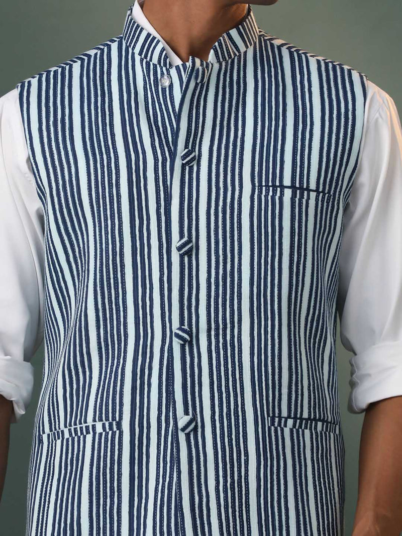Men's Indigo Striped Kantha Stich Nehru Jacket