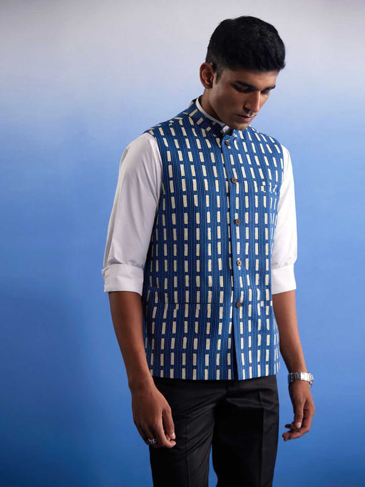 Men's Blue Rubber Print Nehru Jacket