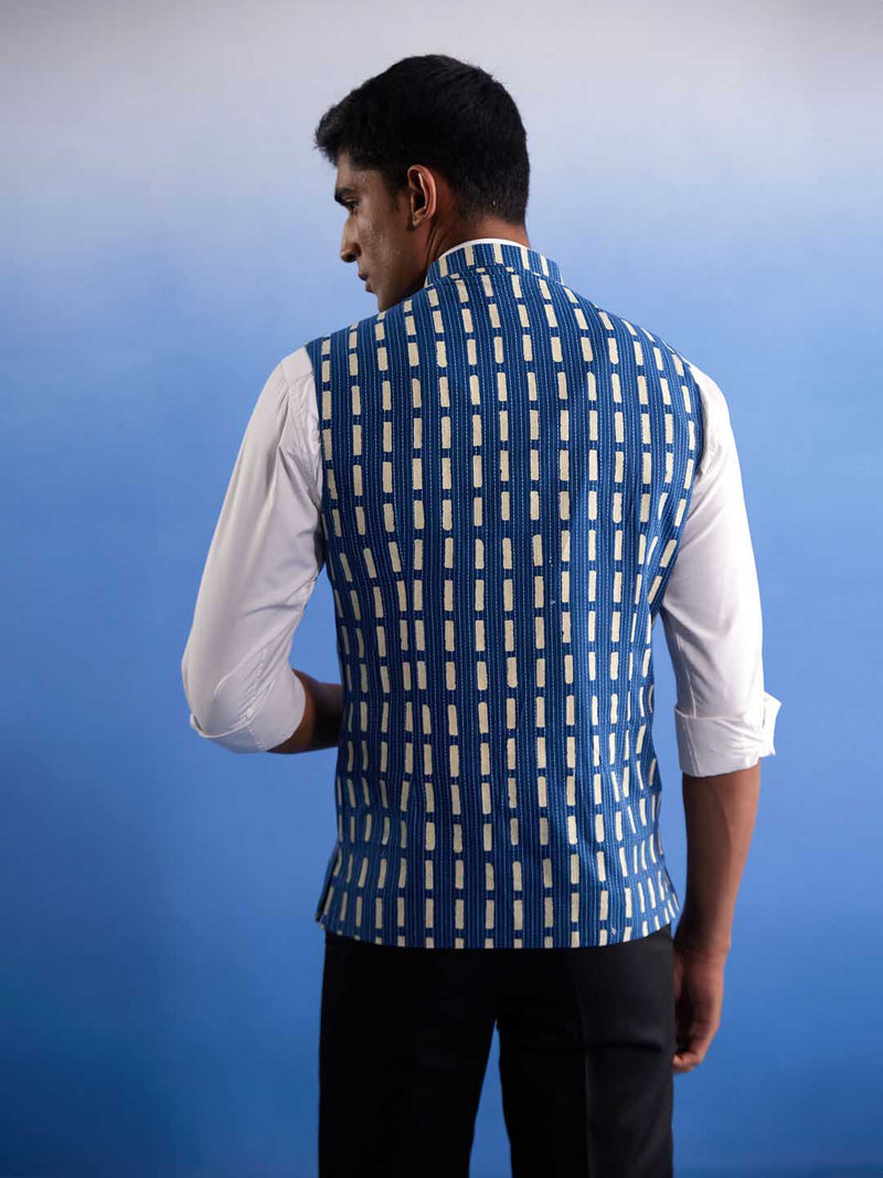 Men's Blue Rubber Print Nehru Jacket