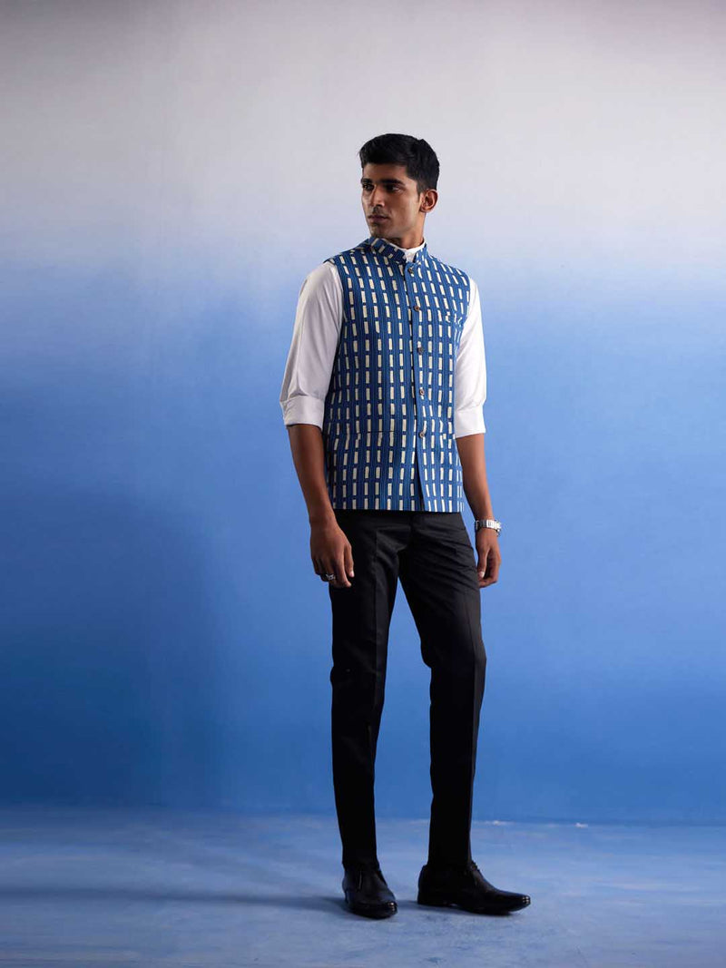 Men's Blue Rubber Print Nehru Jacket