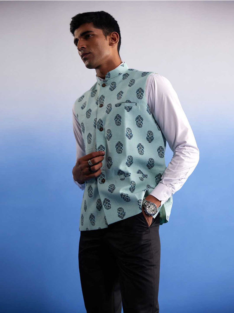 Men's Mint Green Ethnic Motif Printed Nehru Jacket
