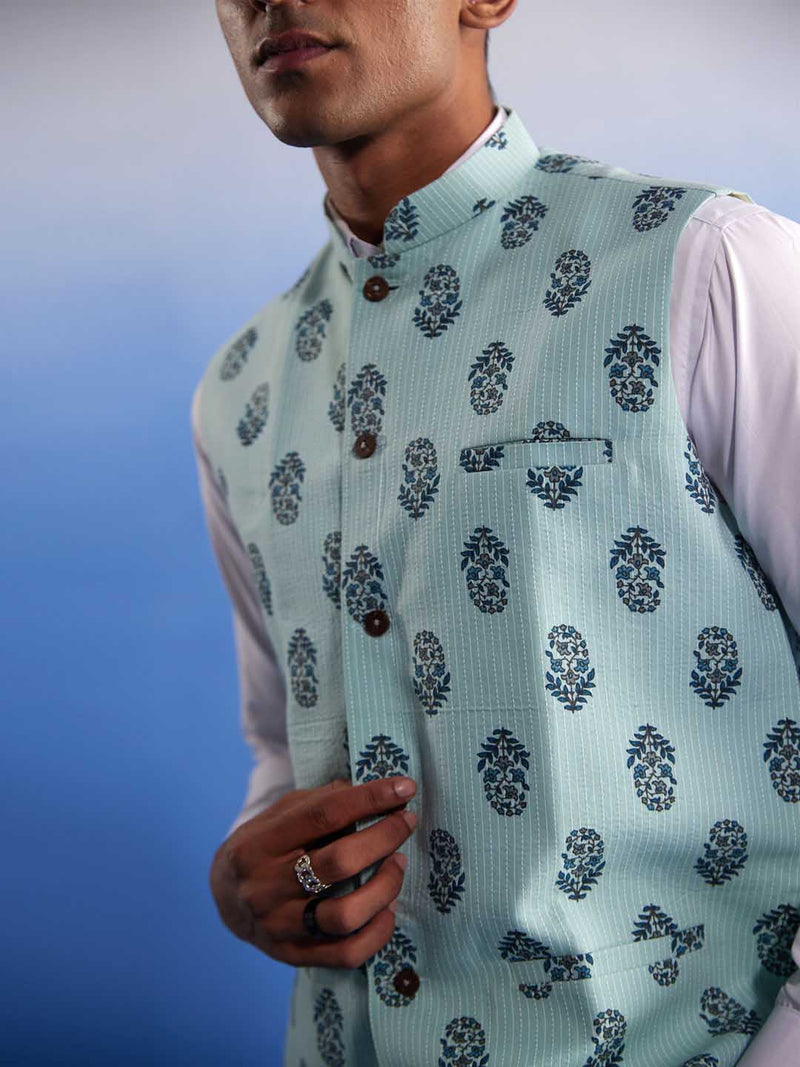 Men's Mint Green Ethnic Motif Printed Nehru Jacket