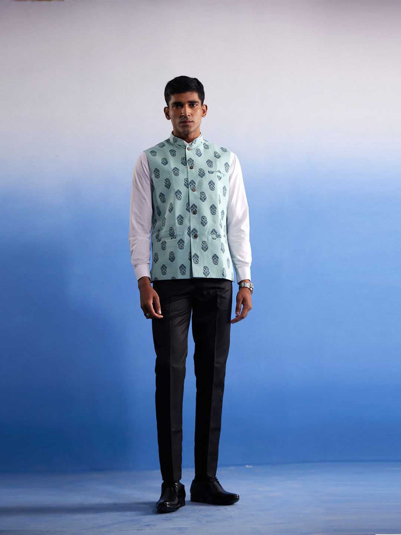 Men's Mint Green Ethnic Motif Printed Nehru Jacket