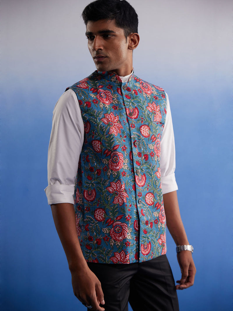 Men's Aqua Printed Nehru Jacket