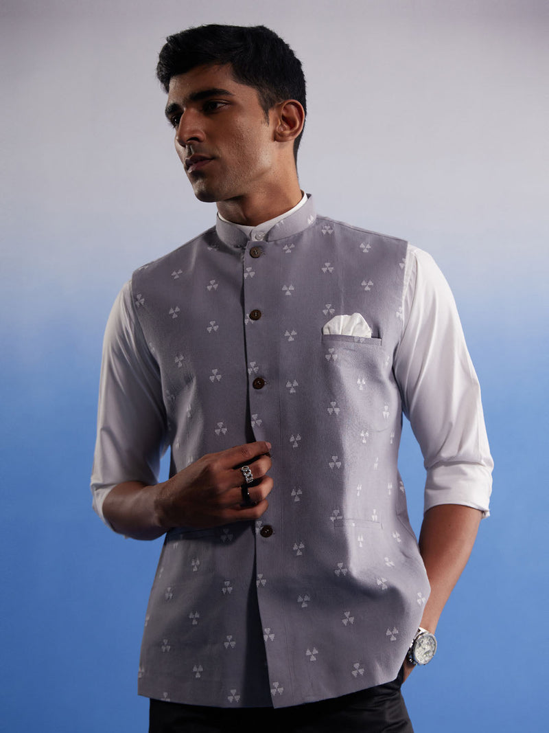 Men's Grey Jacquard Nehru Jacket
