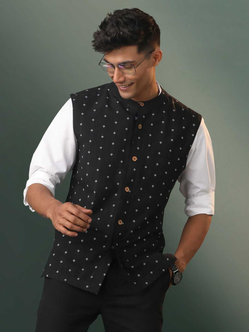 Men's Black Jacquard Cotton Nehru Jacket