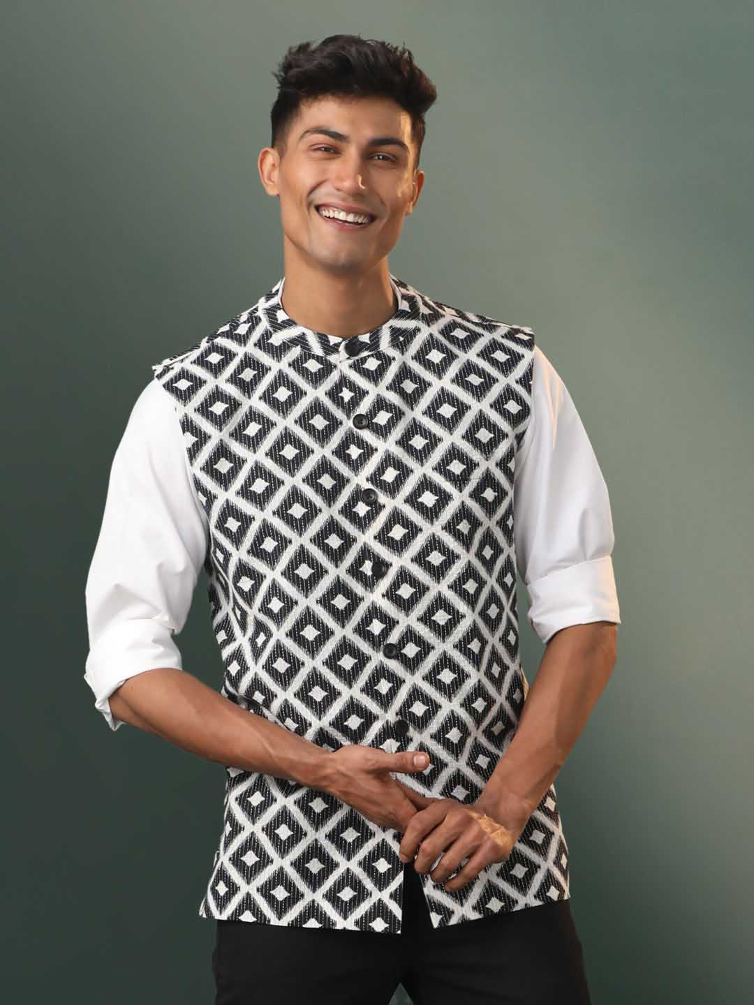 Men's Black Ikkat Print Cotton Nehru Jacket