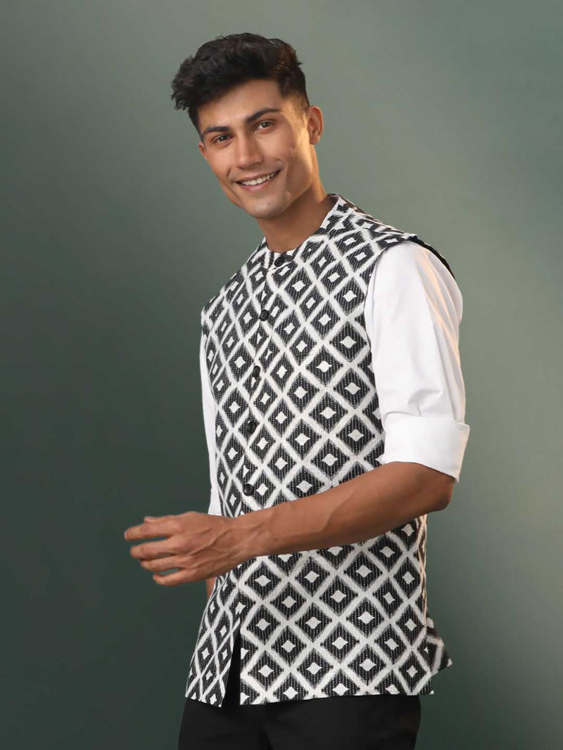 Men's Black Ikkat Print Cotton Nehru Jacket