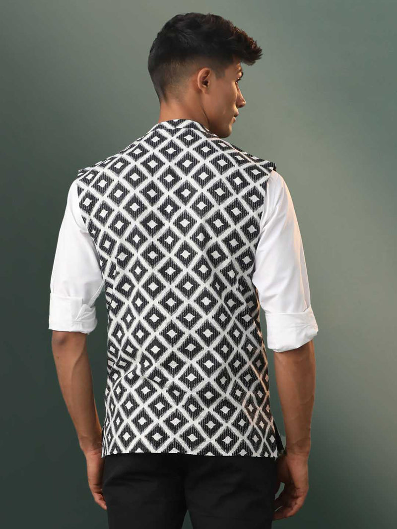 Men's Black Ikkat Print Cotton Nehru Jacket