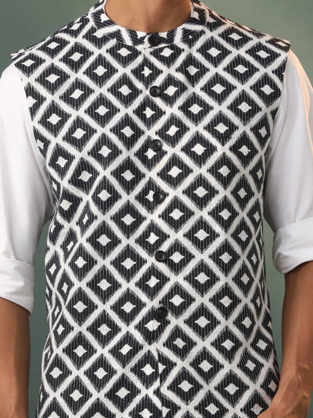Men's Black Ikkat Print Cotton Nehru Jacket