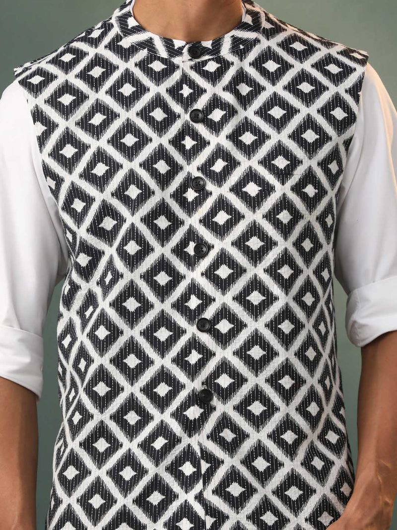 Men's Black Ikkat Print Cotton Nehru Jacket