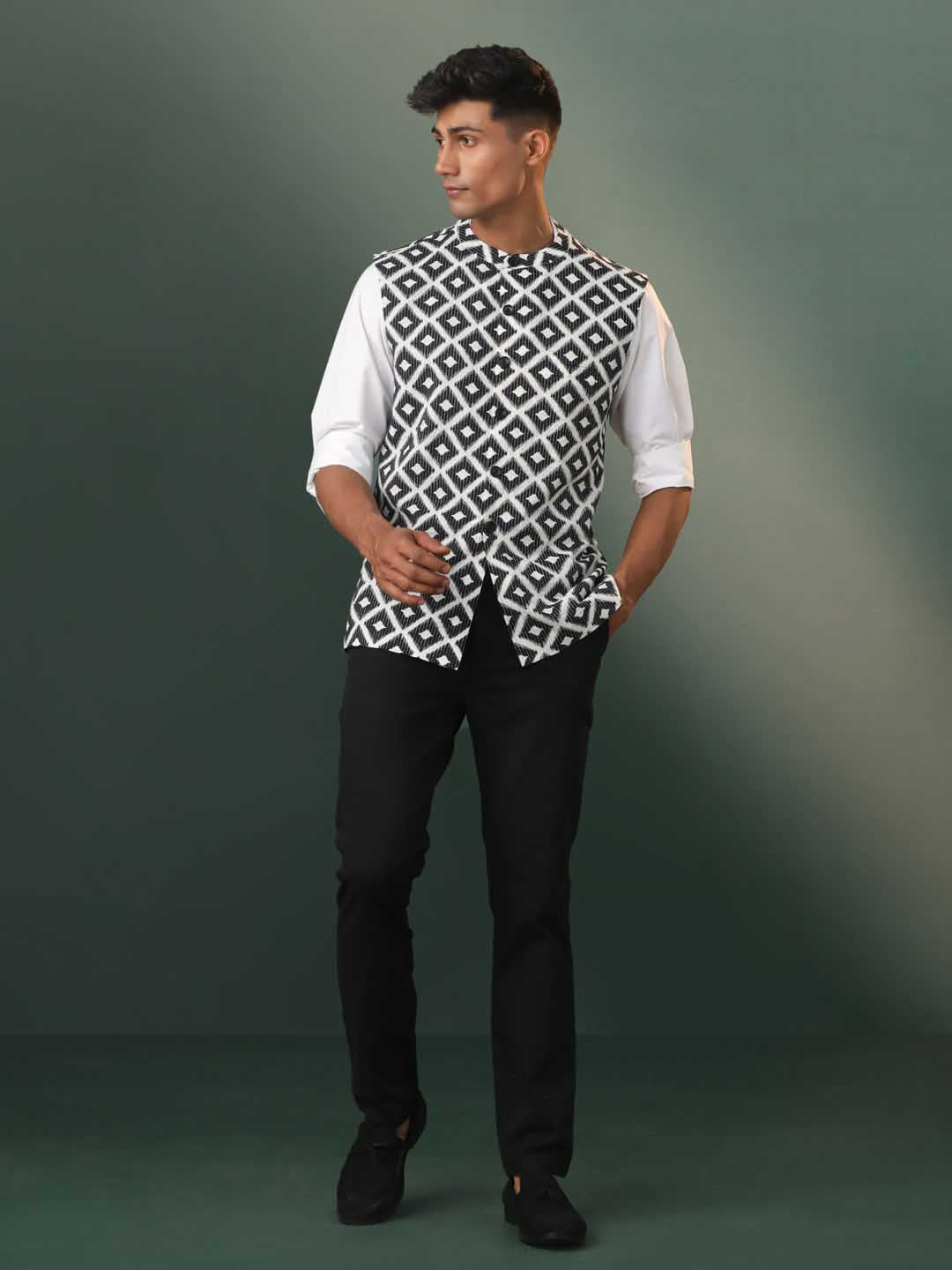 Men's Black Ikkat Print Cotton Nehru Jacket