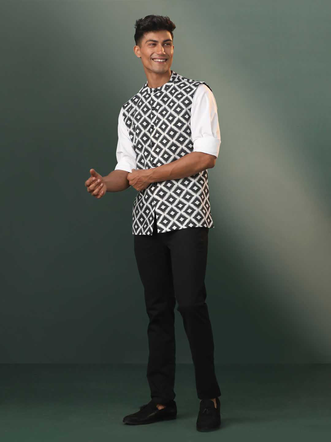 Men's Black Ikkat Print Cotton Nehru Jacket