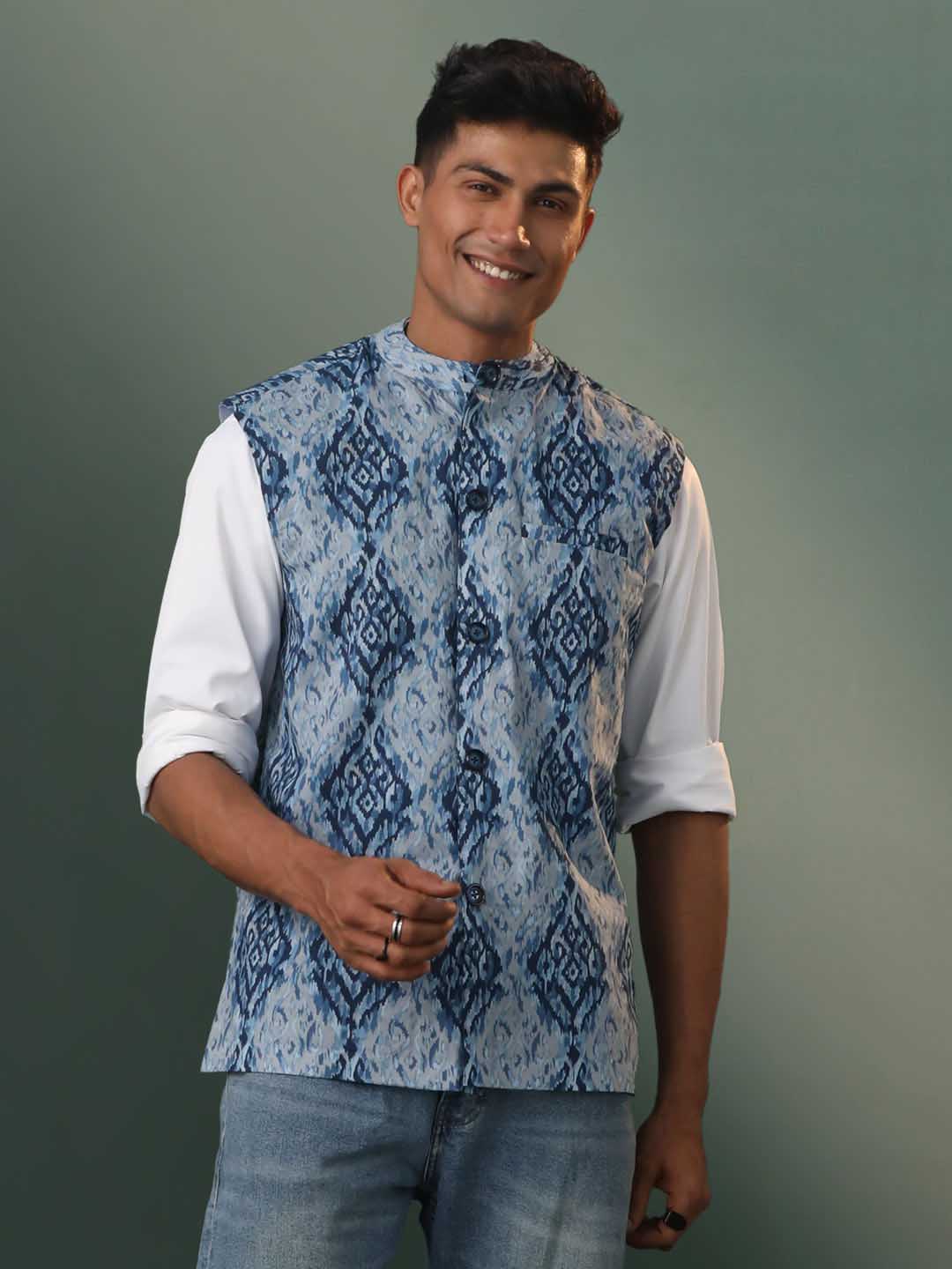 Men's Blue Printed Nehru Jacket