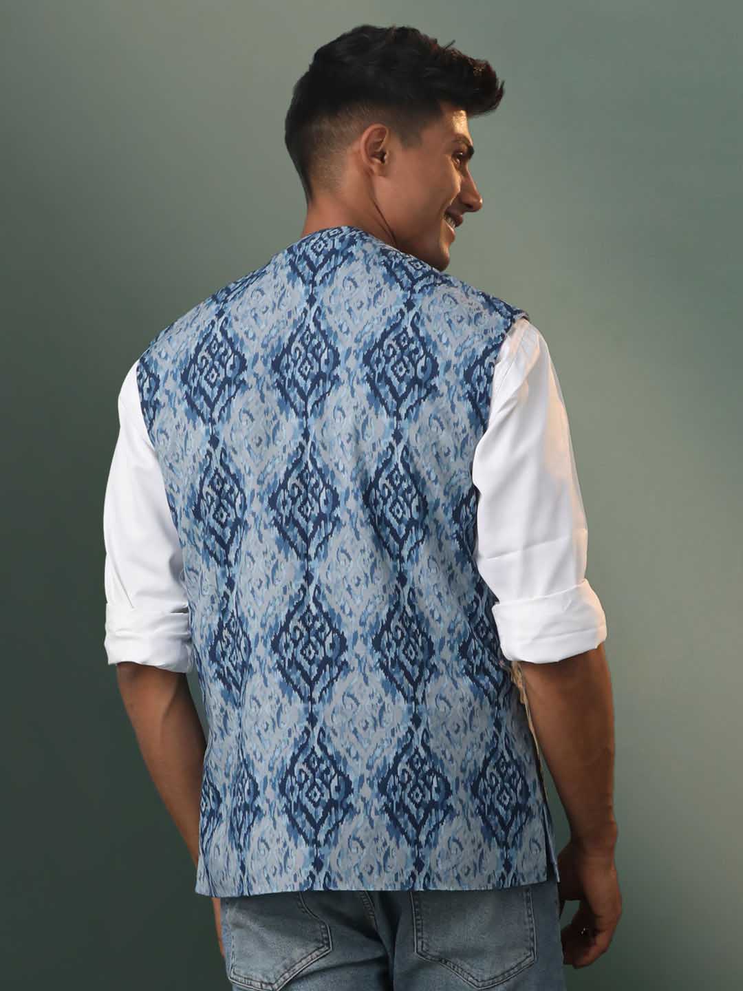 Men's Blue Printed Nehru Jacket