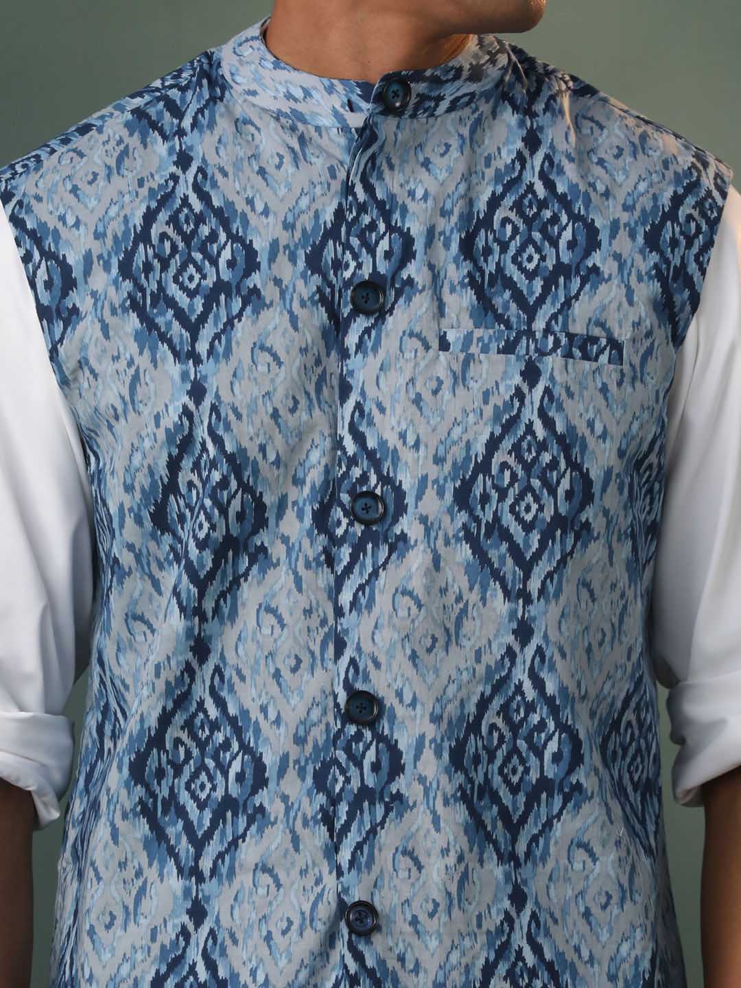 Men's Blue Printed Nehru Jacket