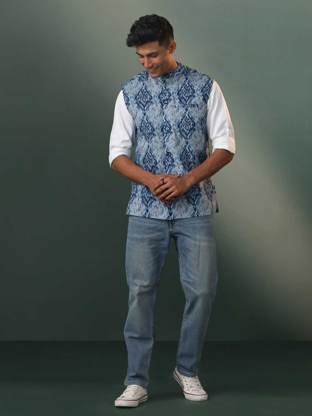 Men's Blue Printed Nehru Jacket