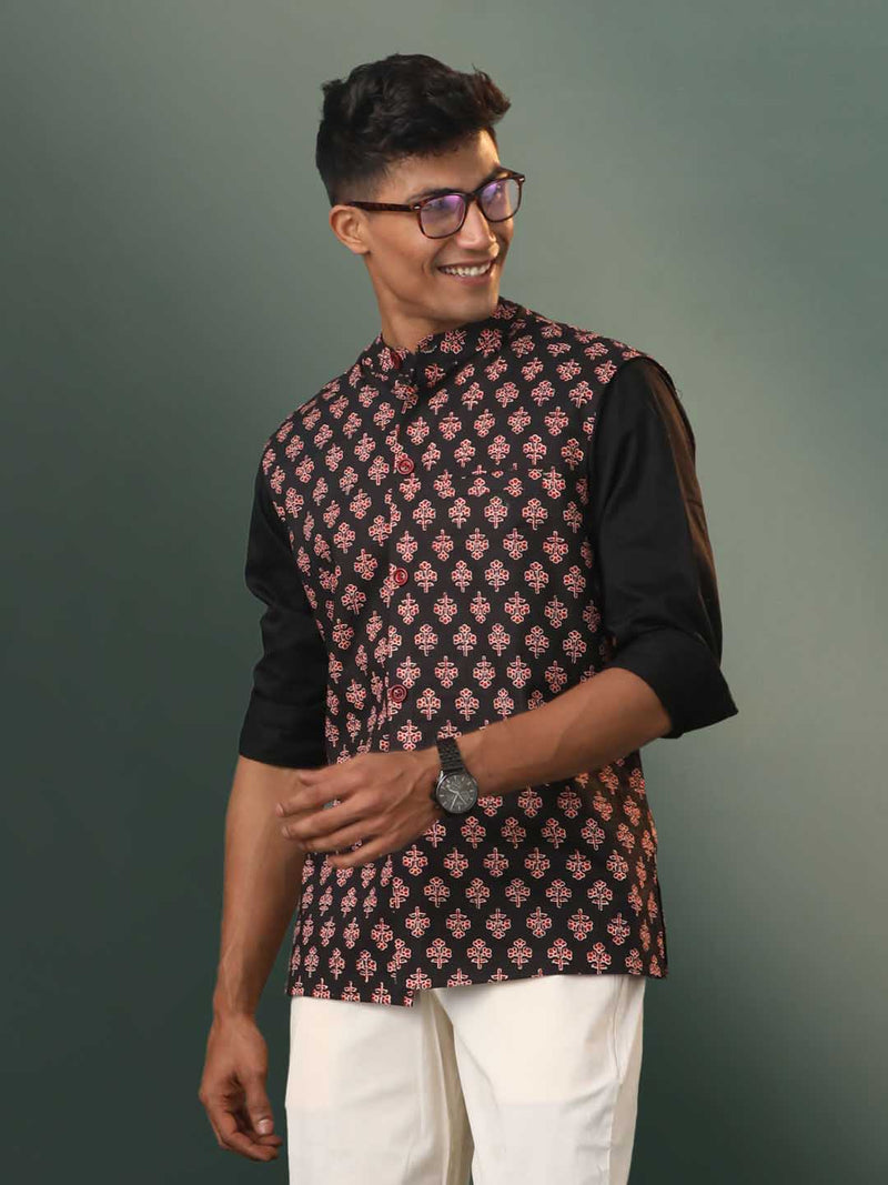 Men's Black Floral Printed Cotton Nehru Jacket