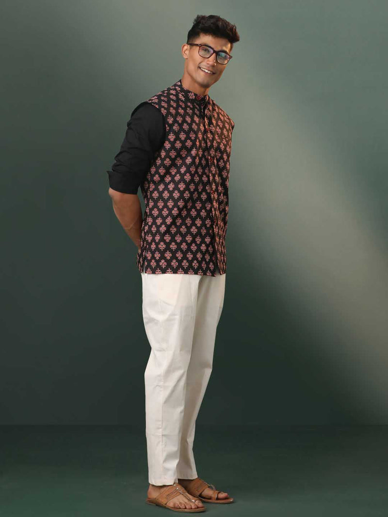 Men's Black Floral Printed Cotton Nehru Jacket