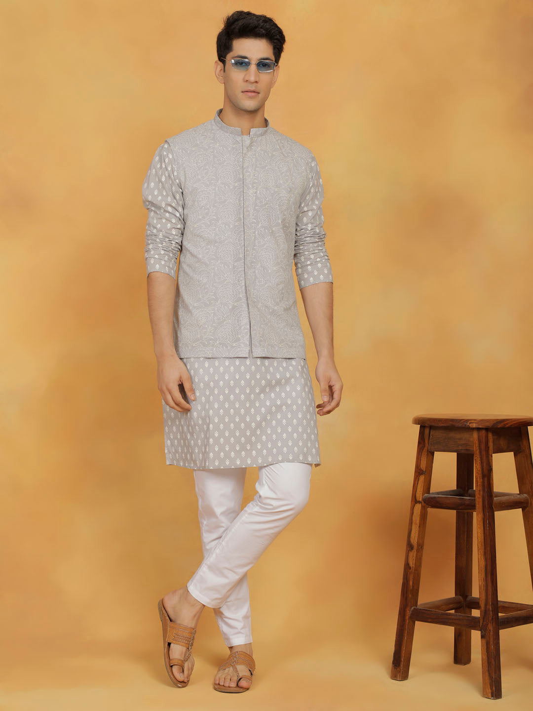 Men's Gray Cotton Nehru Jacket