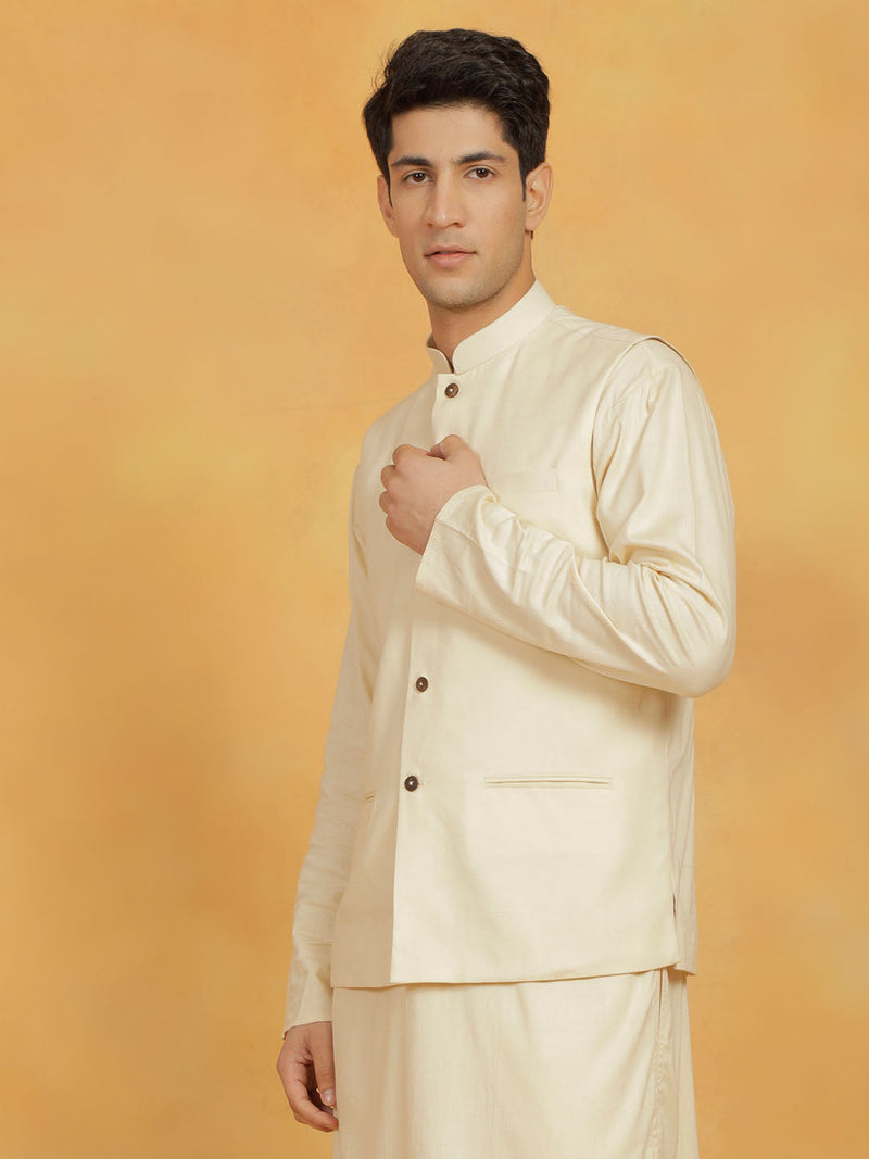 Men's Cream Cotton Linen Nehru Jacket