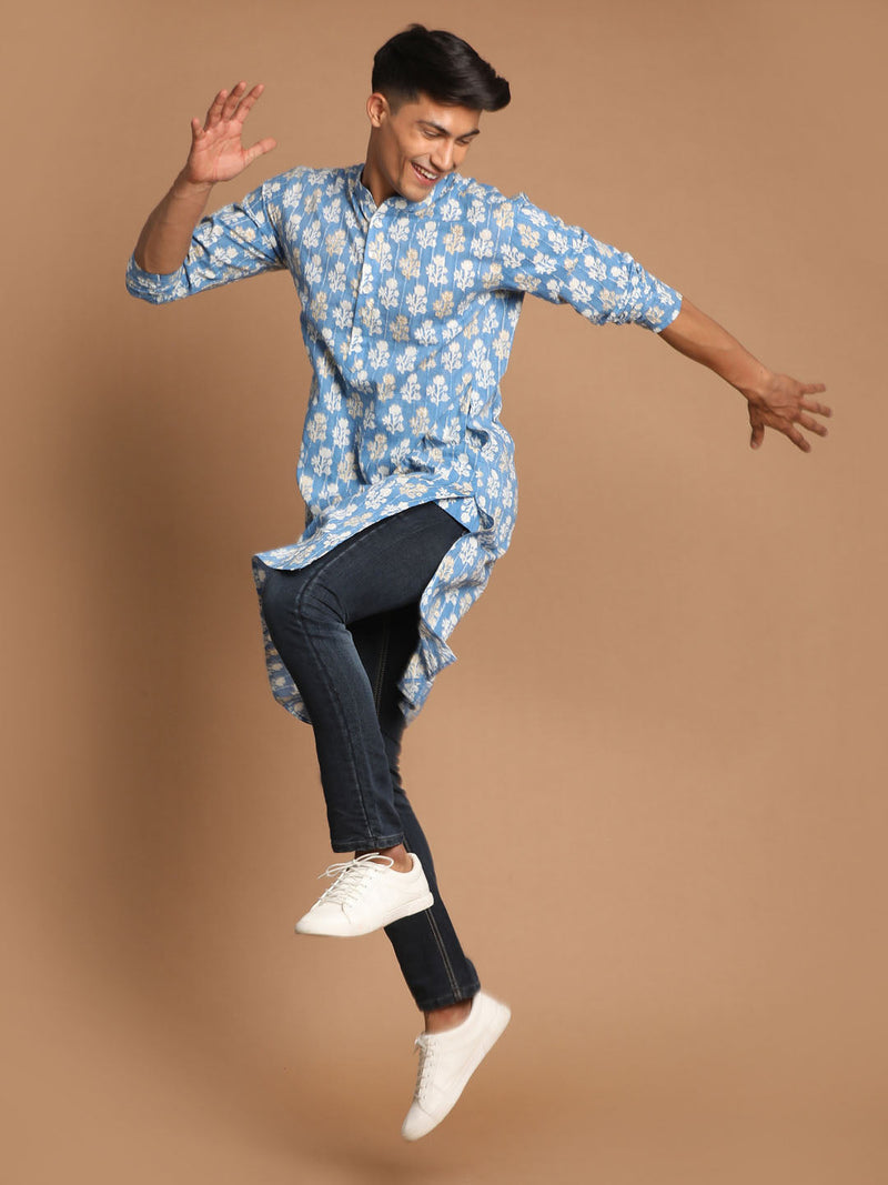 Men's Blue Quirky Printed Thread Work Kurta