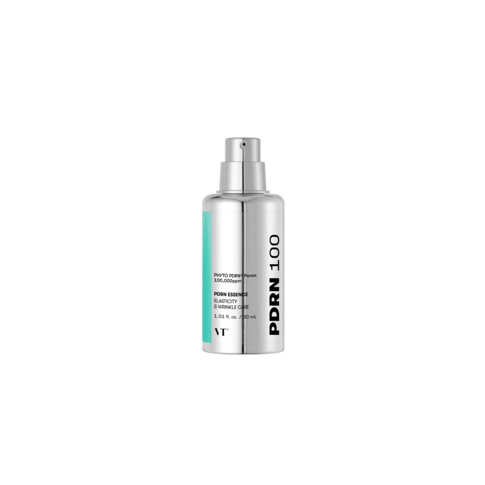 Silver bottle with 'PDRN 100' branding on a white background