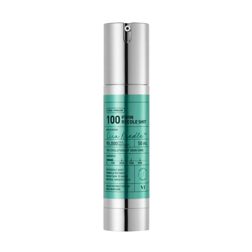 Skincare serum bottle with green label and silver cap on a white background