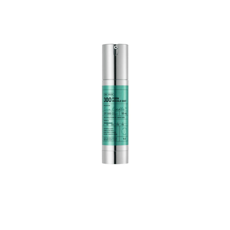 Skincare serum bottle with green label and silver cap on a white background