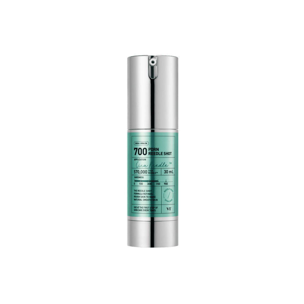 Skincare serum bottle with green label on a white background