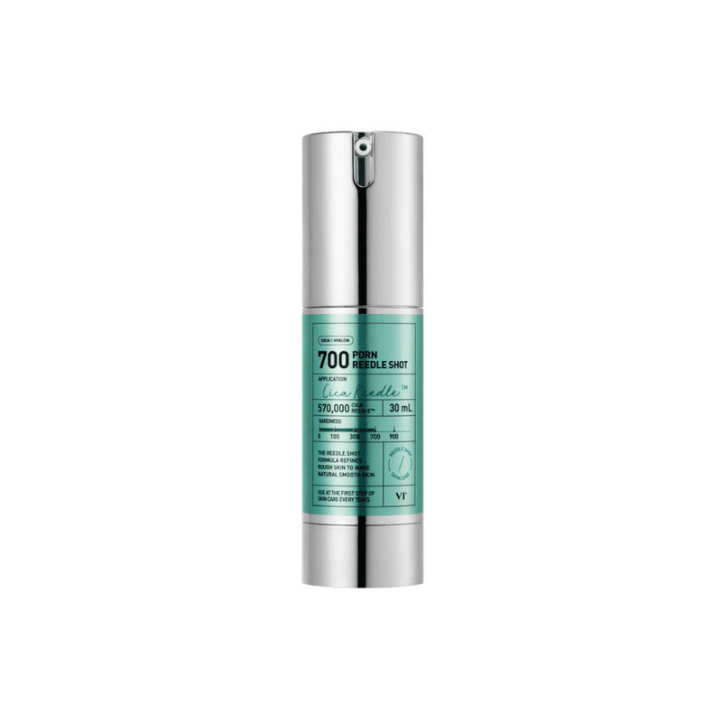 Skincare serum bottle with green label on a white background