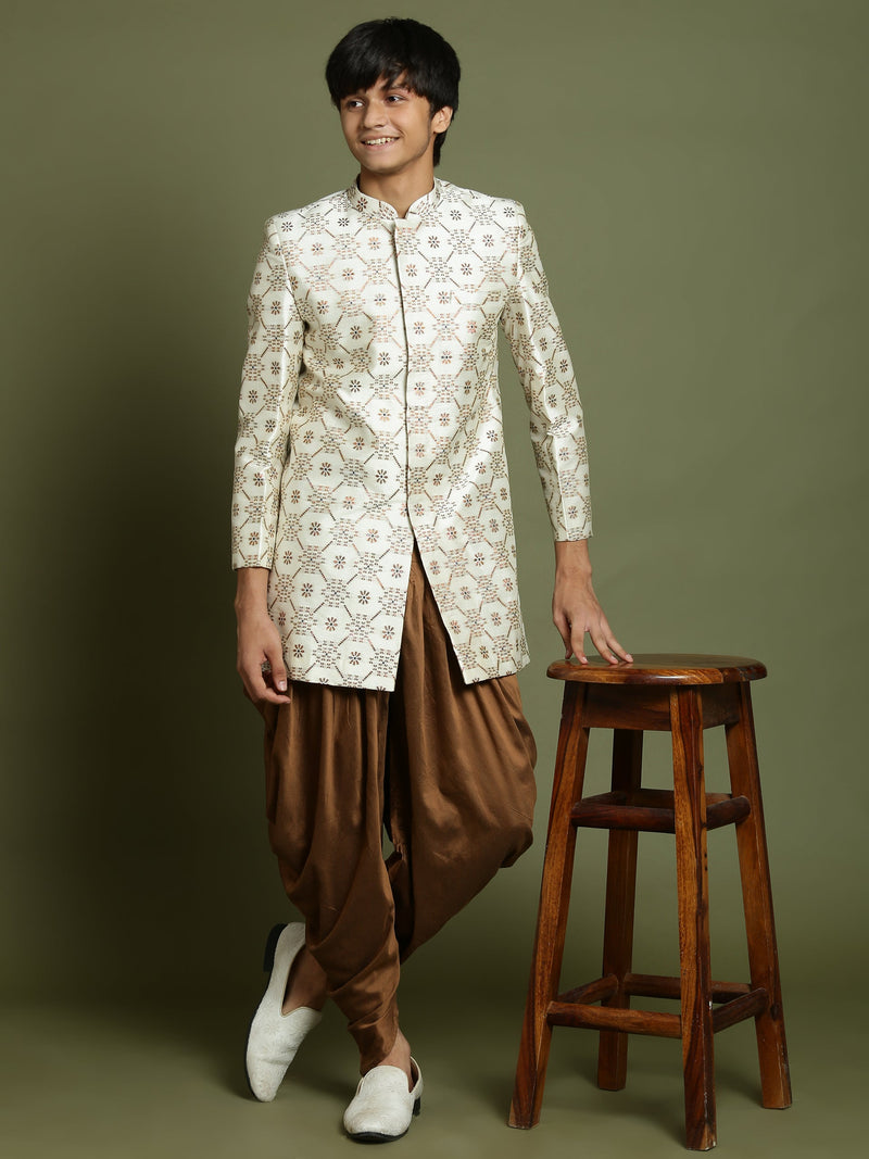 Boy's Beige And Coffee Jacquard Sherwani Set