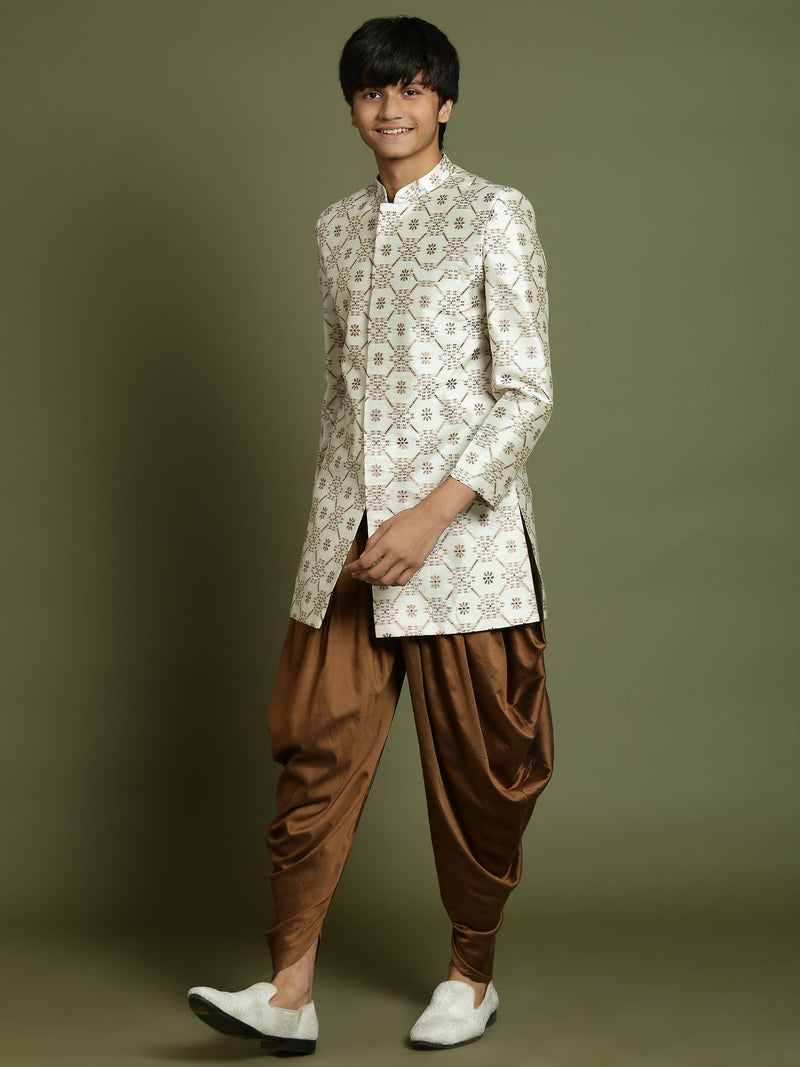 Boy's Beige And Coffee Jacquard Sherwani Set