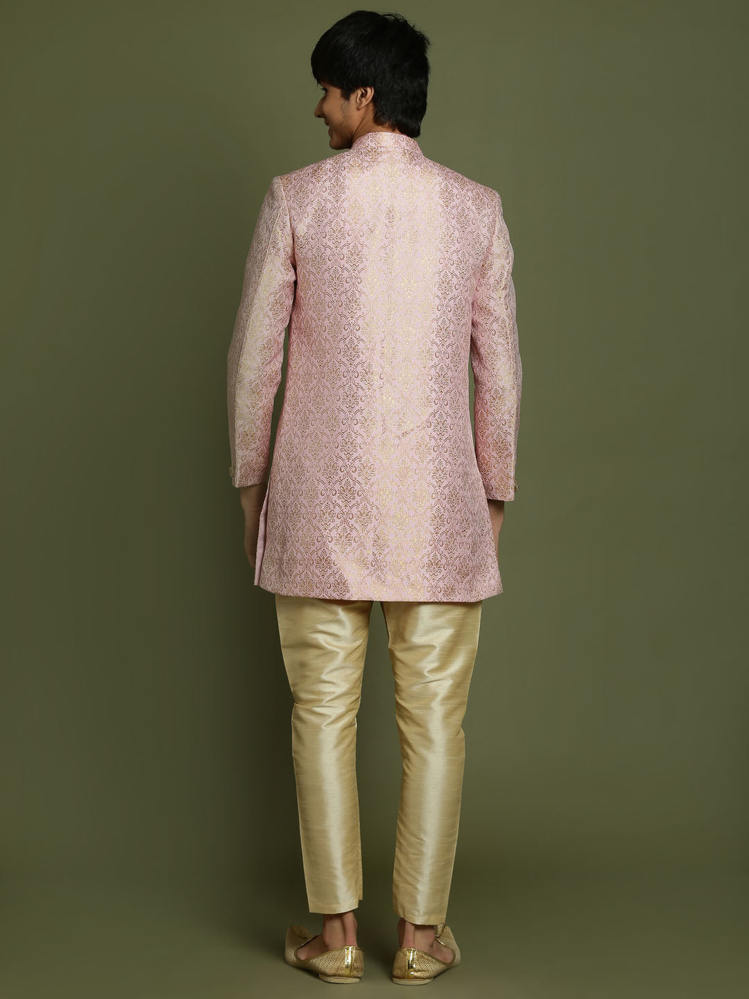 Boy's Pink & Gold-Colored Woven-Design Brocade Slim Fit Sherwani Set