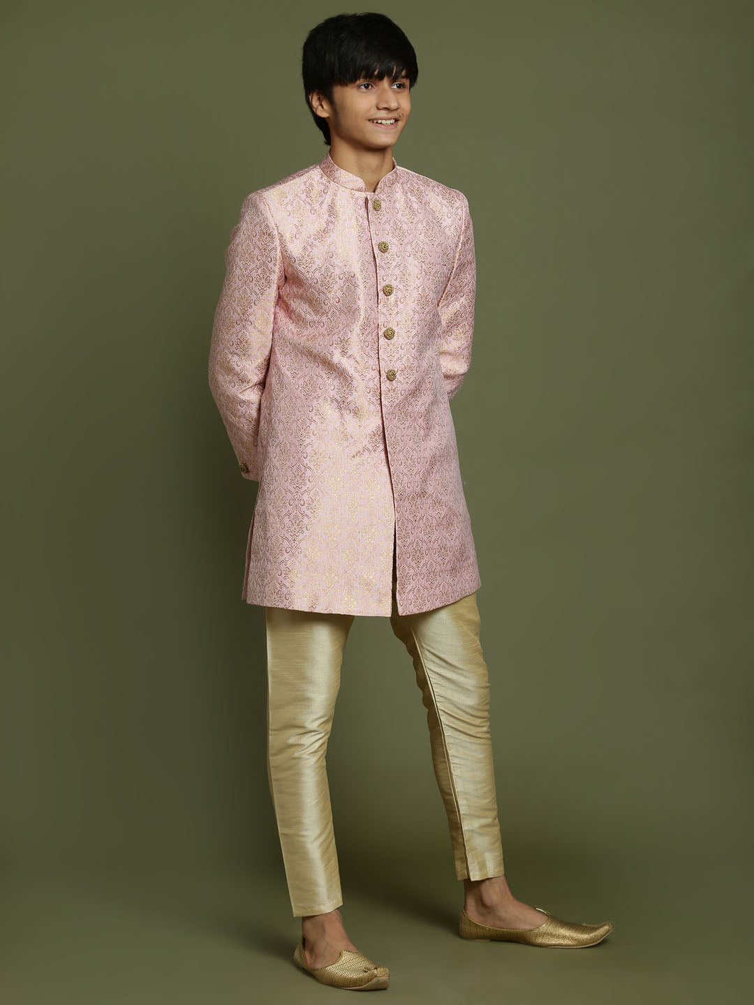 Boy's Pink & Gold-Colored Woven-Design Brocade Slim Fit Sherwani Set