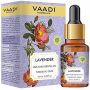 Vaadi Herbals lavender essential oil bottle and packaging on a white background