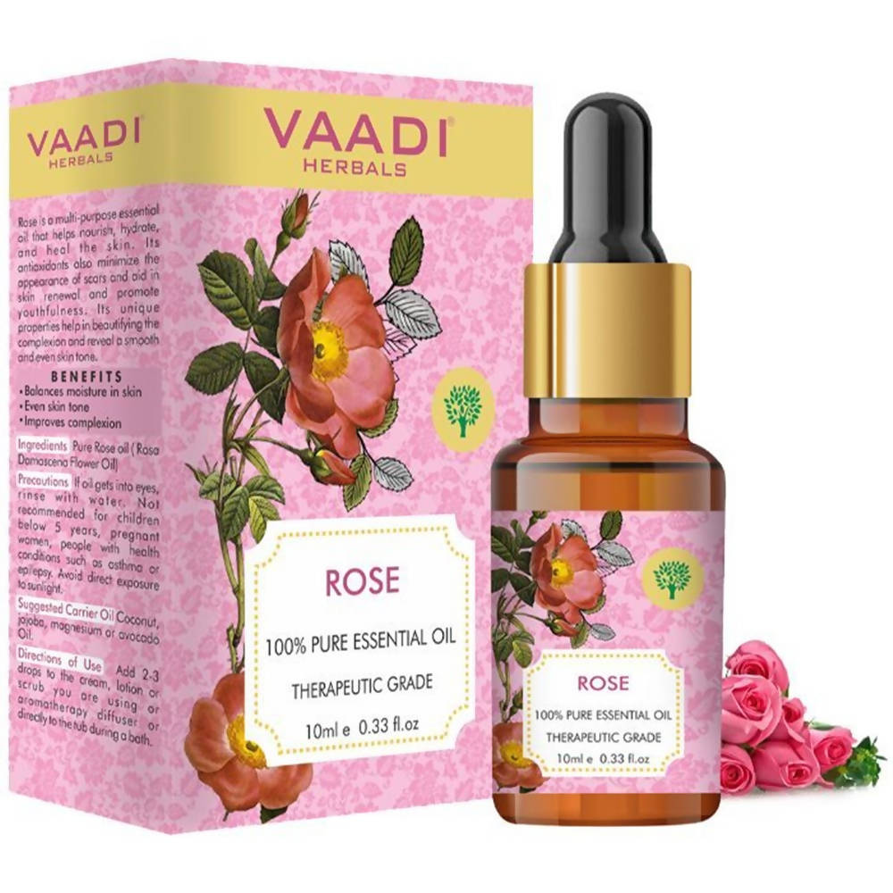 VAADI Herbals Rose essential oil bottle and packaging on a white background