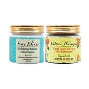 Two skincare jars, 'Face Elixir' and 'Citrus Therapy', on a white background
